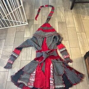 Katewise inspired up-cycled Red and Gray Hooded Patchwork Coat